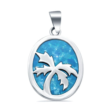 Oval Palm Tree Design Pendant Lab Created Blue Opal 925 Sterling Silver